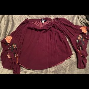 Blue rain burgundy off-shoulder embroidered bell sleeve top